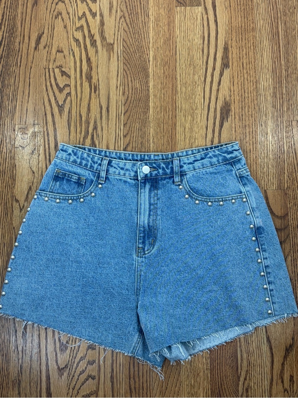 High-Rise 3" Studded Blue Denim Shorts (L)